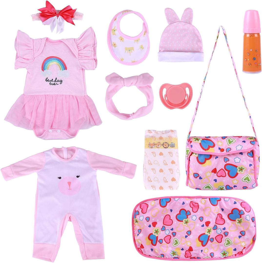 BABESIDE 11 PCS Reborn Baby Doll Clothes and Playset for 17-22 Inch Baby Doll Girl Outfits Accessories with Nursing Pad and Storage Bag, Pink