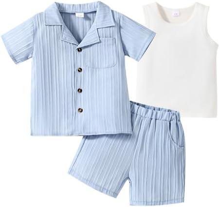 ADXSUN Kid Toddler Boy Clothes Short Sleeve Button-Down Shirt+Shorts+White Vest Summer Clothing Set 6-7 Years
