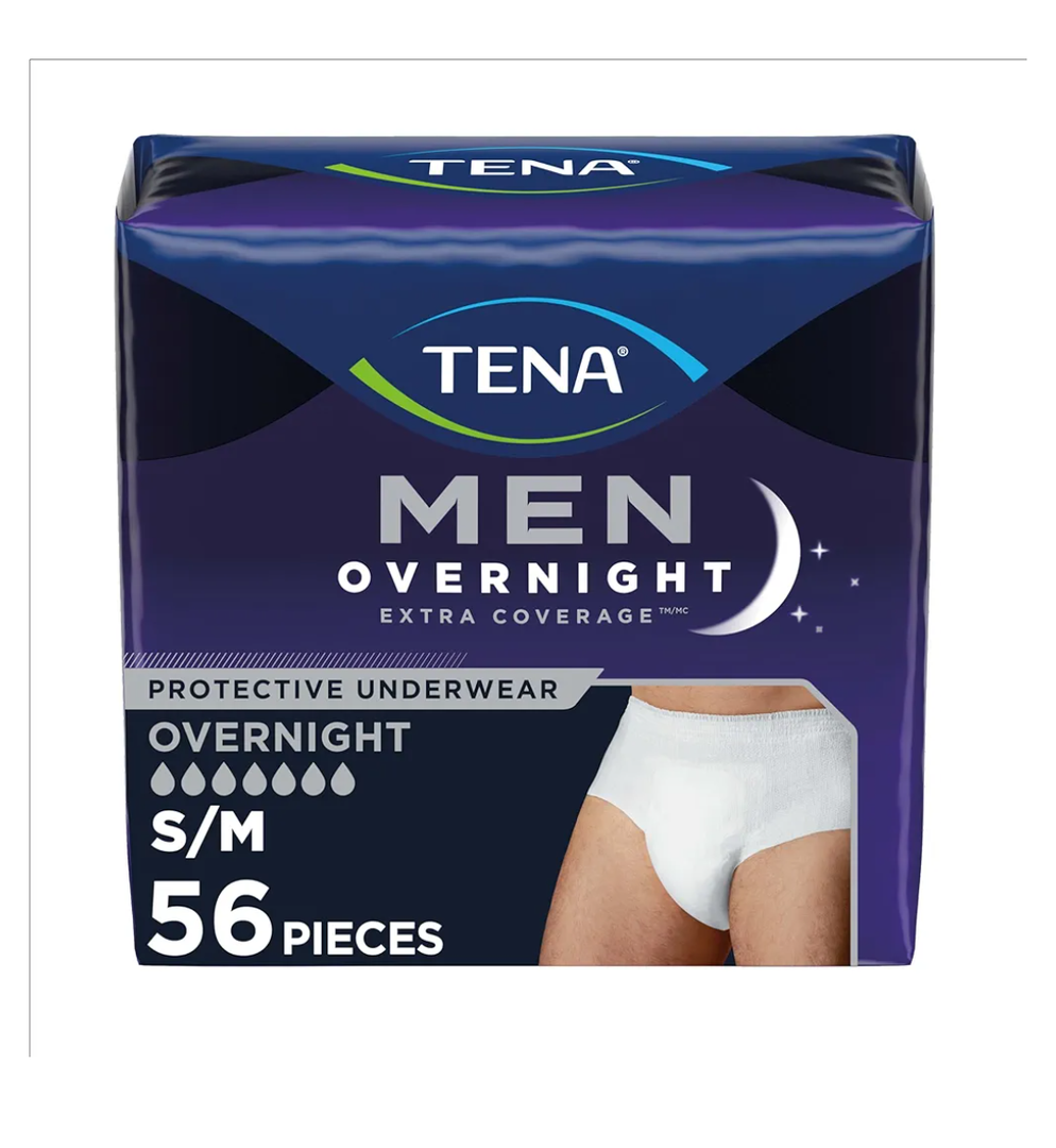 TENA Overnight Extra Coverage Incontinence Underwear for Men, Masculine Style and Discreet Cut Men's Underwear, Small/Medium, 56 ct