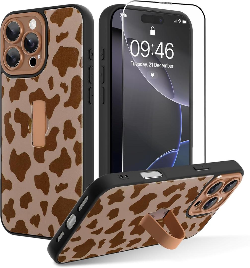 OOK for iPhone 16 Pro Case with Screen Protector, Cute Cow Print Design with Adjustable Finger Strap Kickstand Full Body Protection for Women Men Phone Cover-Brown