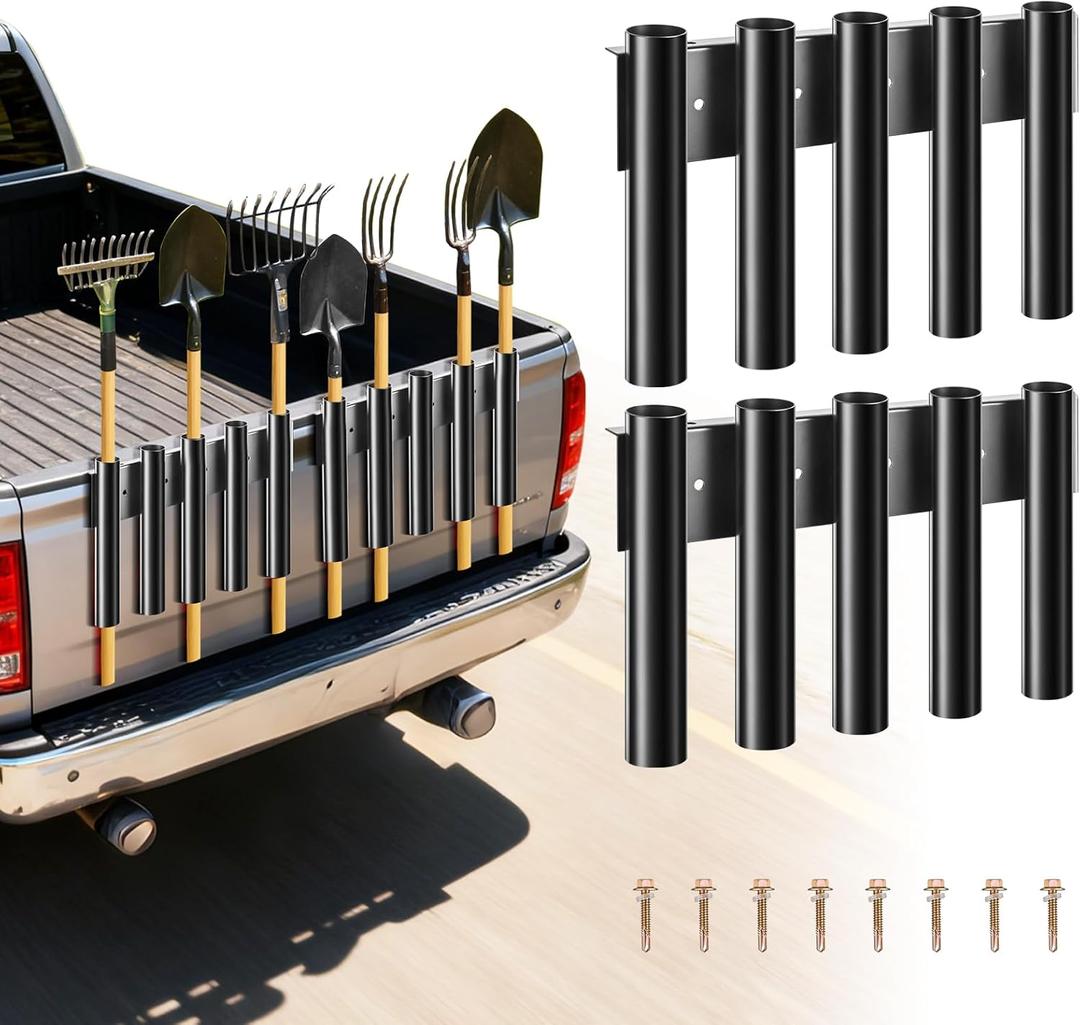 10 Hole Shovel Holder for Truck Bed & Trailer, Heavy-Duty Steel Tool Rack with 2 Mounting Groups, Universal Organizer for Shovel, Rake, Trimmer, Lawn Tools, Black