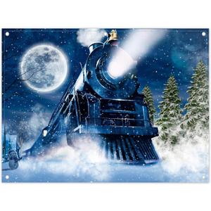 Fabric 8x6ft Winter Train Photography Backdrop Christmas Snowy Moon Night Pine Tree Railway Background Kids Adult Party Decorations Photo Banner Props