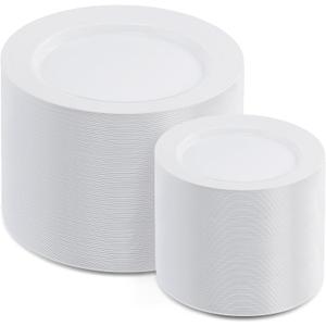 AOZITA 200pcs White Plastic Plates, Disposable Plates for Party, Heavy Duty Plastic Plates - 100 Dinner Plates and 100 Salad Plates, for Weddings, Parties and Events