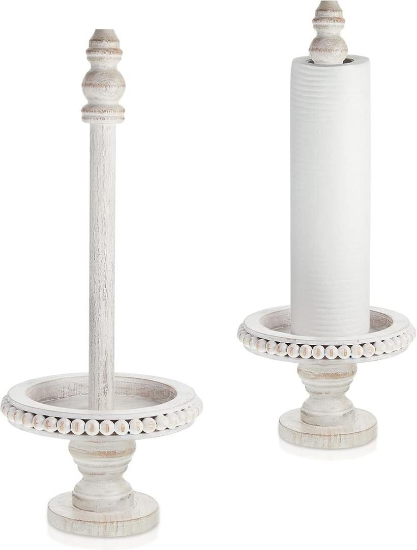 Farmhouse Paper Towel Holder Kitchen Countertop Wood Paper Towel Stand, Standing Paper Towel Dispenser Rack, White Washed Beaded Roll Paper Towel Stand and Non Woven Paper Towel for Kitchen Toilet