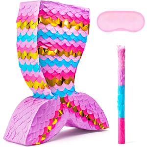 Mermaid Tail Pinata with Plastic Bat and Paper Blindfold for Fun Fiesta Taco Party Supplies, Photo Props, Mexican Theme Decoration, Carnivals Festivals, Girl Kids Birthday Parties 13W x 15.7H