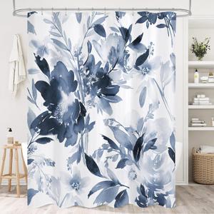 Navy Watercolor Floral Shower Curtain, Blue Plant Leaves with Flower Shower Curtains for Summer Bathroom Decor, Extra Long Fabric Botanical Waterproof Shower Curtain Set with Hooks 72x84 Inch