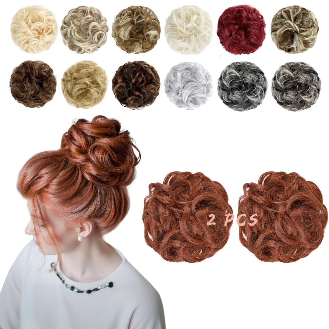 2 PCS Messy Bun Hair Piece Wavy Curly Hair Bun Scrunchies Extensions Synthetic Chignon Thick Updo Hairpieces for Women Girls(Copper Red)
