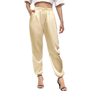 Betusline Women's Solid Color Drawstring Tie Elastic Waist Loose Satin Joggeing Pants with Pockets, Champagne, US X-Small 