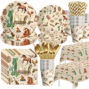 Western Cowboy Party Decorations Tableware For Birthday & Baby Shower - Wild West Party Supplies, Plate, Cup, Napkin, Tablecloth, Cutlery, Straw, Rodeo Party Decorations Dinnerware | Serve 24