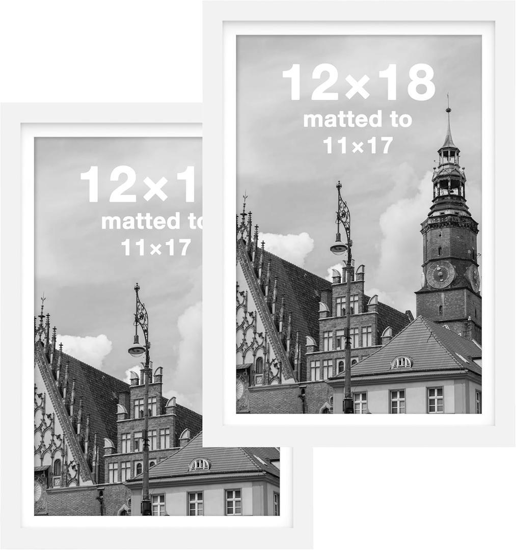 FrameWorks 12x18 mat to 11x17 Classic Wooden Picture Frames With Tempered Glass | White | 2-Pack