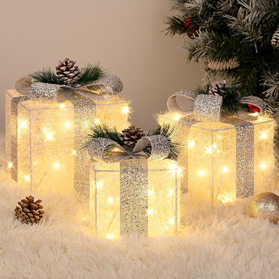 Set of 3 Christmas Lighted Gift Boxes with Plug, Indoor Outdoor Christmas Decorations with 60 LED Warm White Mini String Lights, Present Boxes with Silver Tinsel for Xmas Tree Porch Decor