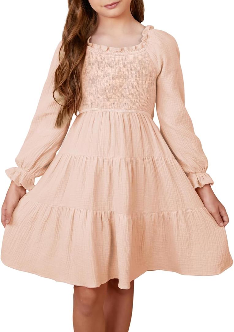 blibean Girls Cotton Long Sleeve Dresses Ruffled Boho Tiered Dress Size 6-15 Years (Beige, L)
