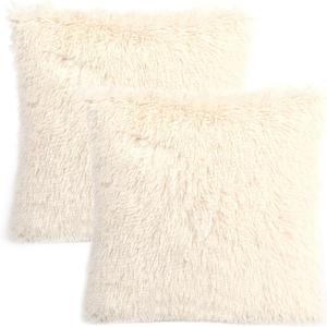 YOUR SMILE Pack of 2, Decorative Plush New Luxury Series Merino Style Faux Fur Throw Pillow Case Cushion Cover 18" x 18"(Ivory,White)