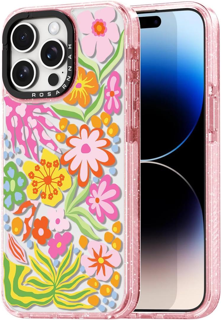 for iPhone 14 Pro MaxCase Cute - Durable Shockproof 6.6 ft Drop Impact Phone Case - Funny Passion Flower Design (6.7") Glitter Pink