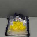 small clear tote bag, " CHAD POWERS" logo, navy blue straps, yellow logo, 5 pack