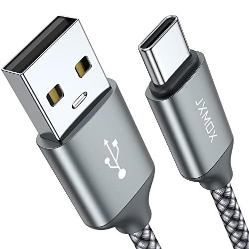 JXMOX USB Type C Cable (6.6ft 2-Pack), USB A to USB C 3A Fast Charging Cord Compatible with iPhone 15 16 Pro Max, Samsung Galaxy S22 S21 S20 Ultra S10 S9 S8, Note 10 9 8 A80 A70, USB C Charger (Grey)