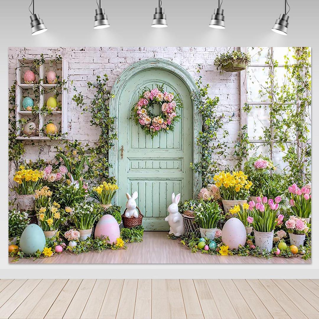 Mocsicka Spring Easter Backdrop 7x5ft - Green Wooden Wall Floral Photography Background Decorations, Easter Day Bunny Party Photo Props Supplies