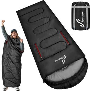 Sportneer 0 Degree Wearable Sleeping Bag for Adults & Kids  Walkable with Arm Zippers, Waterproof & Warm to 20F, Compact for Camping, Stadiums, Travel, Backpacking & Car Use (87''Long, Black)