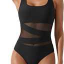 B2prity Women's Mesh One Piece Swimsuit Tummy Control Sexy Bathing Suit Push Up Swim Suit Slimming Swimwear (Black, L)
