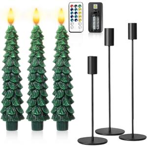 Honoson 3 Sets Flameless Christmas Tree Taper Candles with Holders Remote Control, LED Taper Candles Battery Operated Flickering Candlesticks for Holiday Window Fireplace Decor (Black)