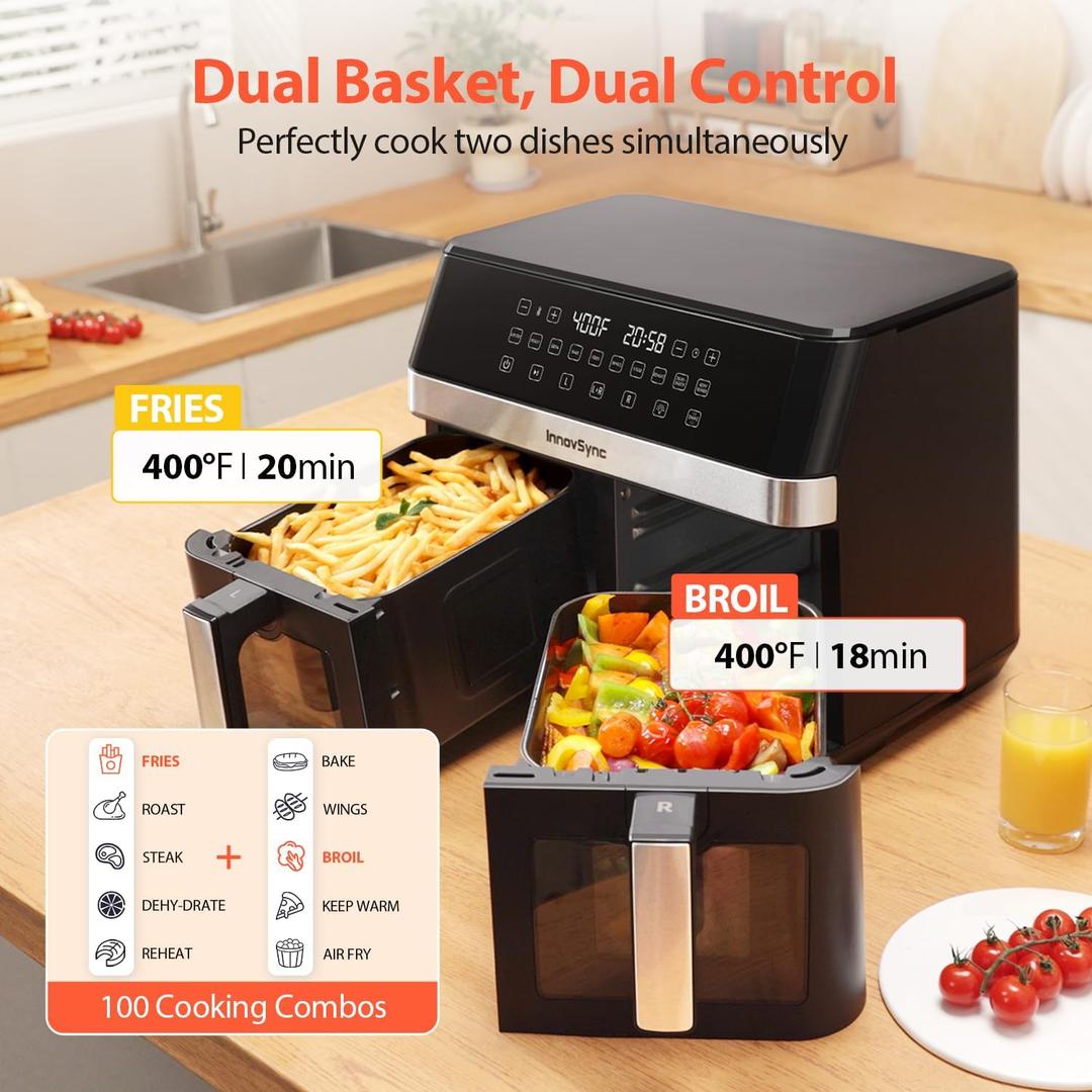 12QT Large Dual Air Fryer, 10-in-1 Double Zone Airfryer with 26QT Baskets, 60 Easy-Panel with Full Touchscreen, SyncCook Function, Viewing Window, Nonstick & Dishwasher Safe, 2 Dishes at Once, Black