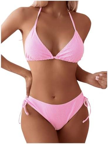 MakeMeChic Women's Halter Bikini Sets 2 Piece Striped High Cut Tie Side Swimsuit Bathing Suit S MakeMeChic Women's Halter Bikini Sets 2 Piece Striped High Cut Tie Side Swimsuit Bathing Suit S