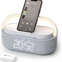 COLSUR Bluetooth Speaker Alarm Clock with Wireless Charger, FM Radio, Adjustable LED Night Light, 6 in 1 Bedroom Portable Speaker 2500mAh, Phone Stand for Bedside, Home, Office, Gift (Gray)