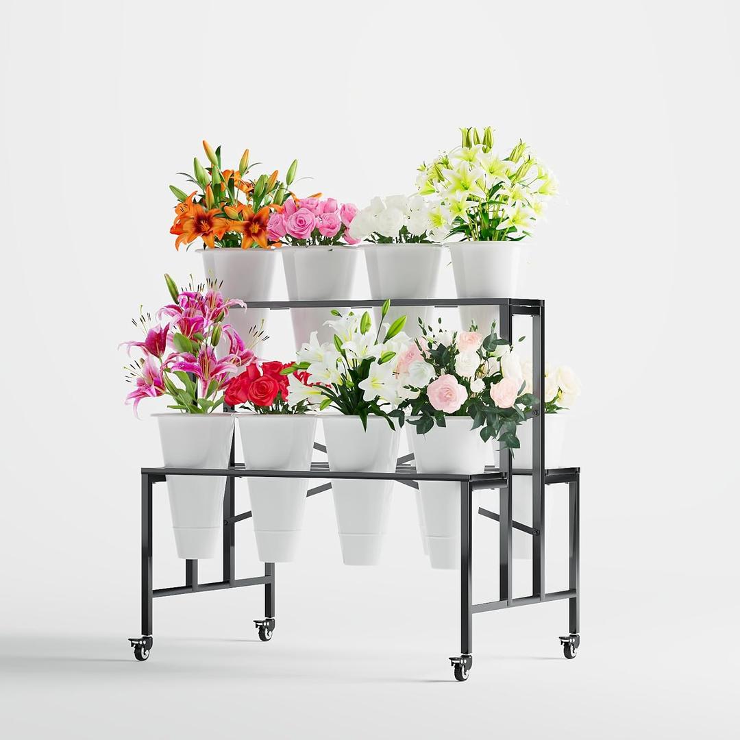 Zhongma Flower Bar Stand Display shelf with White Buckets for Fresh and Diy flowers Bouquet Rack Organizer Heavy Duty Flower Bucket Stand with Wheels