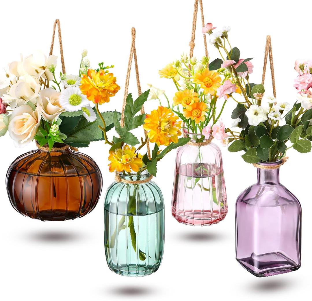 Wonderjune 4 Pcs Stained Glass Hanging Vases Hanging Glass Planters Small Plant Terrarium Pot Containers with Rope for Garden Home Indoor Outdoor Decor, 4 Styles (Fashionable)