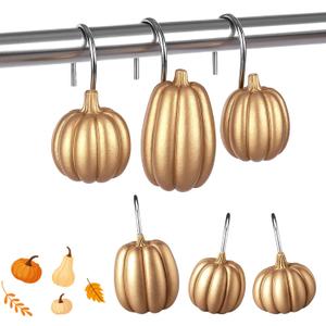 Weysat 12 Pcs Pumpkin Decorative Shower Curtain Hooks Fall Shower Curtain Rings Hanger Stainless Steel Resin Thanksgiving Bathroom Hook for Halloween Farmhouse Rustic Bathroom Decor(Gold,Pumpkin)