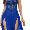Sexy Split Mesh Lace Floral Sheer Babydoll Lingerie Outfit Dress 2 Piece with Thong Set (Large, Long Royal Blue)