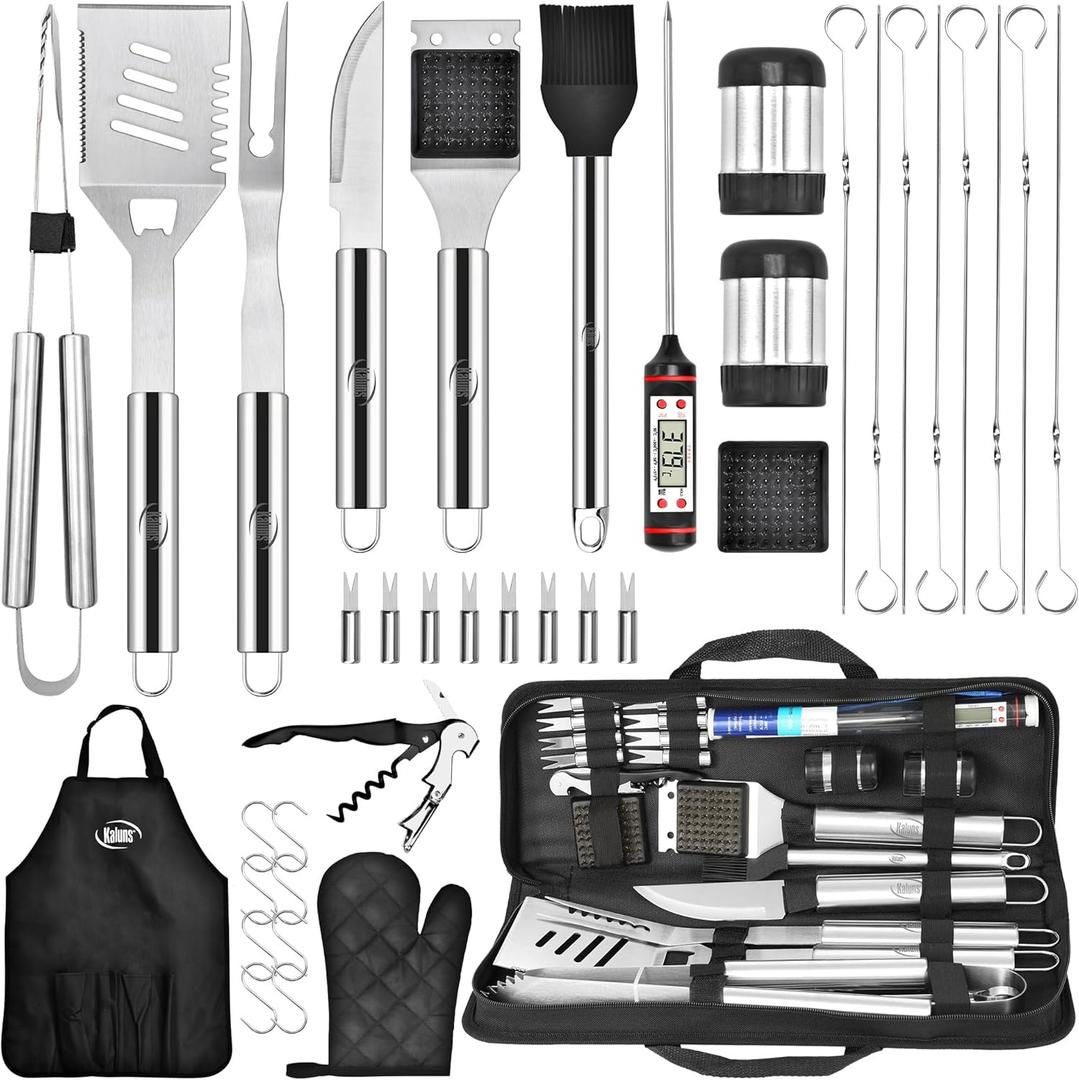 Kaluns Grilling Accessories, Dad Gifts for Christmas Grilling Gifts, Heavy Duty Stainless Steel Grill Set BBQ Grill Accessories for Outdoor Grill with Meat Thermometer, Case and Apron