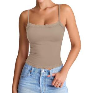 PINKMSTYLE Women's Sexy Square Neck Lace Cami Tank Tops Fitted Double Lined Sleeveless Crop Spaghetti Strap Summer Y2k Tops (Medium, Taupe)