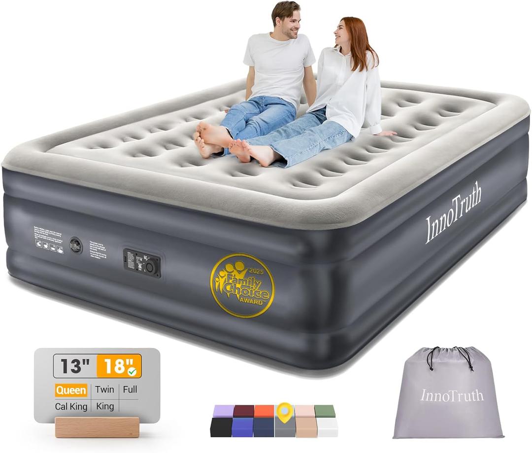 InnoTruth Air Mattress Queen with Built in Pump, Inflatable Mattress Blow up Mattress, Family Choice Award Winner, 18" Colchones Inflables Foldable Air Bed for Guest & Home, Ideal for Camping, 650lbs