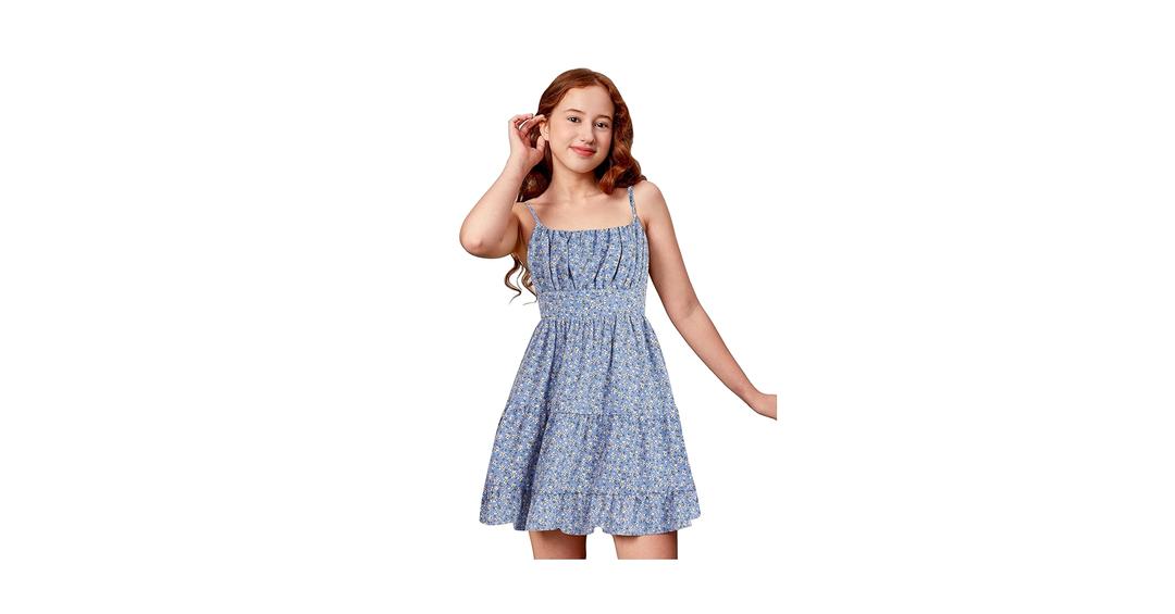 COZYEASE Girls' Floral Print Ruched Bust Ruffle Hem Sleeveless High Waist Cami Dress Boho Short Dresses,14Y
