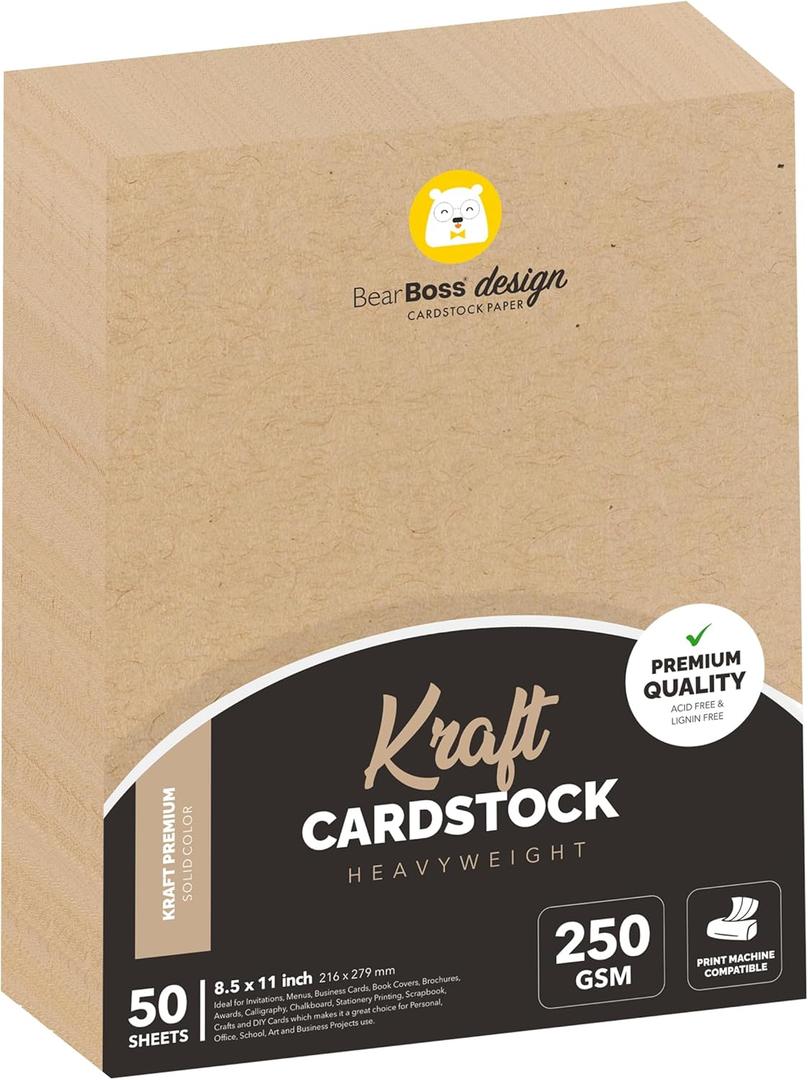 Kraft Cardstock Thick Paper 50 Sheets, 8.5" x 11" Heavyweight 92lb Cover Card Stock for Crafts and DIY Cards Making