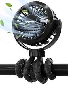 SOPOKE Mini Portable Baby Stroller Fan, 3 Speed Personal Handheld Fan, Battery Operated Rechargeable 360° Flexible Tripod Cooling Fan, Suitable for Car Seat Crib Treadmill Golf Cart Travel(Black)