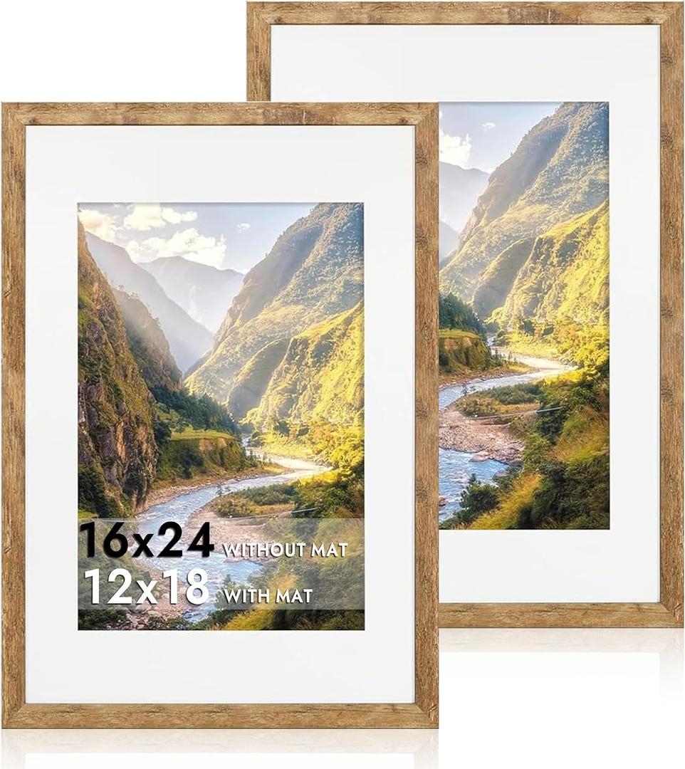 iRahmen 16x24 Picture Frame Set of 2 with Plexiglass, Display 12x18 Picture with Mat or 16 x 24 Without Mat, Rustic Brown Wood Poster Frame for Photo Wall Gallery Mounting Horizontal and Vertical