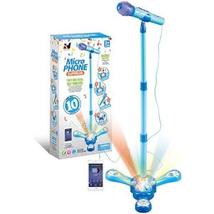 Funvalley Surperfect Kids Karaoke Machine with Adjustable Stand,Kids Microphone Music Sing Along with Flashing Stage Light and Pedals Gift for Kids (Blue)