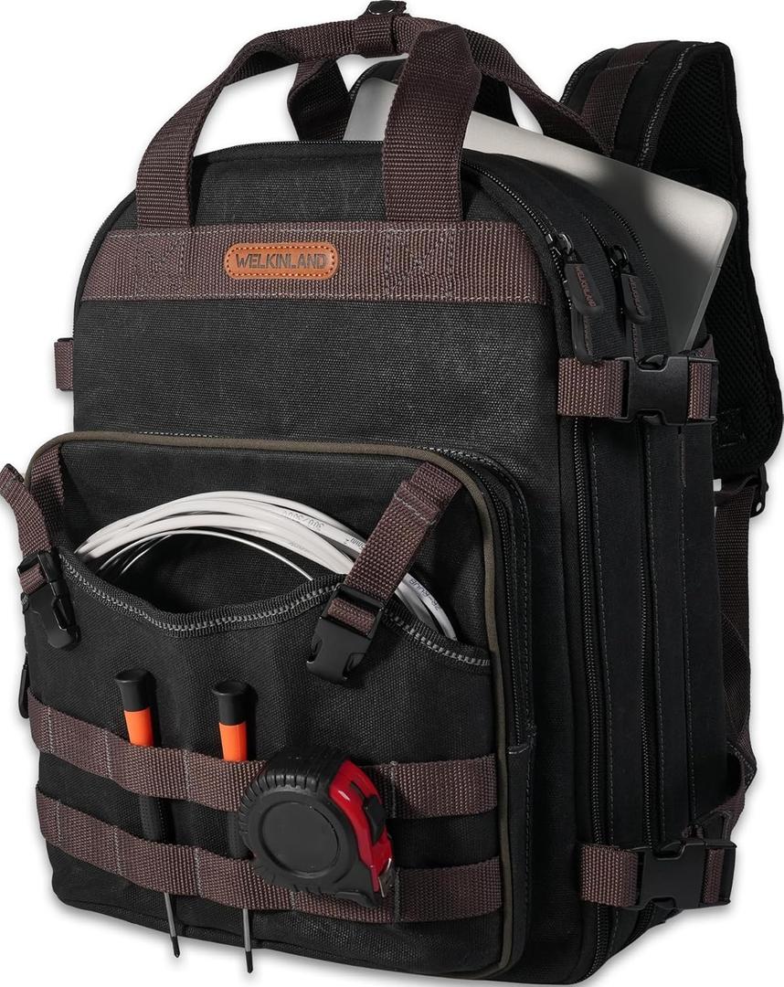 WELKINLAND 90-Pockets Electrician Backpack, Wax-Canvas Tool Backpacks Heavy Duty, Convenient Work Tool Back pack With Pockets