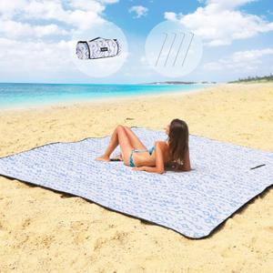 ZAZE Beach Blanket Picnic Blankets Waterproof Sandproof with Stakes, Thick 3-Layer 80 * 80 Oversized Mat, Extra Large Big Machine Washable, Foldable Accessories Outdoor Camping Park (Blue White) (Blue and White With Stake)