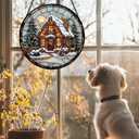 Stained Glass Window Hanging - Christmas Tree Cottage Sun Catcher for Door Garden Home Winter Decor Snowy Night Suncatcher Mother's Day Birthday Gifts for Women Men Mom Nana 15 in