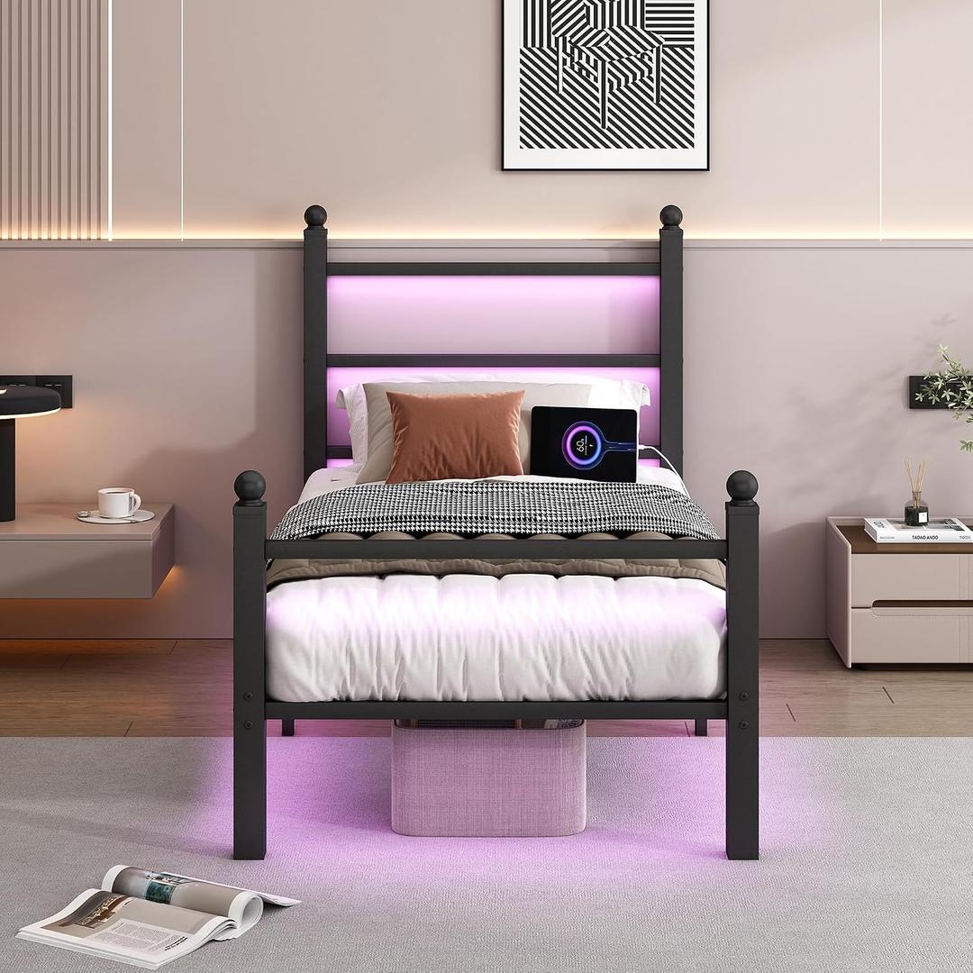 CLIBFENG Twin Bed Frame with Headboard and Footboard,Steel Slats Support-LED Bed Frame with USB Charging Station,Mattress Foundation-Under Bed Storage,No Box Spring Needed,Noise Free,Black, Size: Twin, 75"L x 54"W x 35.5"H