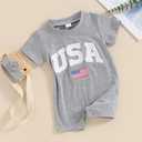 COORALLY 4th of July Baby Boy Girl Outfit Fuzzy Letter Flag Embroidery Rompers Crew Neck Short Sleeve Bodysuits (Gray, 6-12 Months) (Gray)