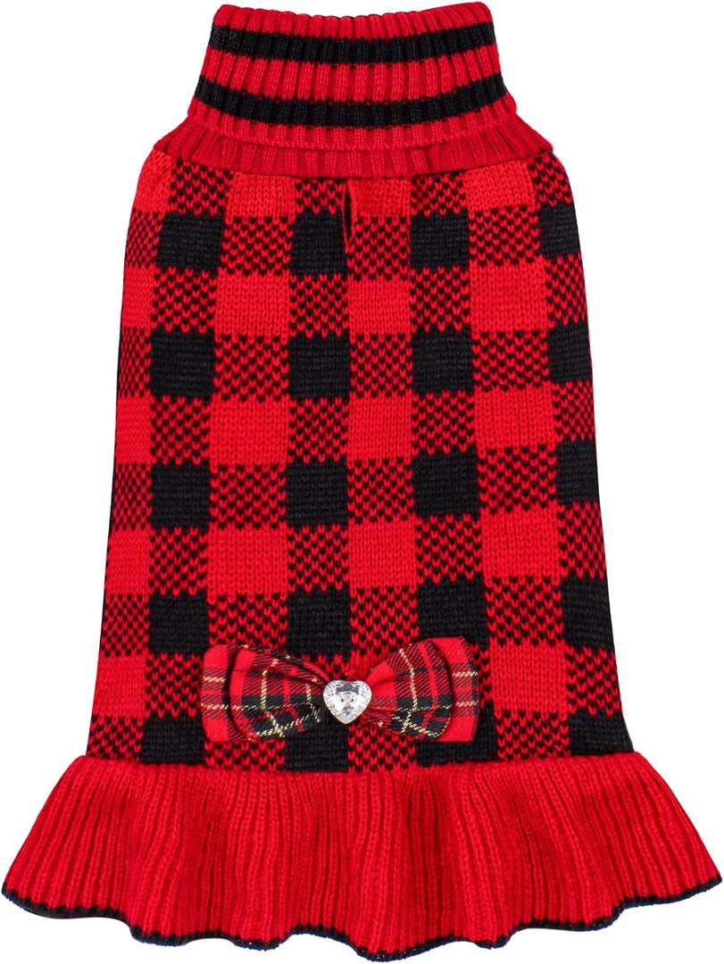 KYEESE Dog Christmas Sweater Dress with Bowtie Checkered, Turtleneck Dog Sweater for Small Dogs Girl with Leash Hole, Holiday Warm Pet Sweaters Dress, Red, Medium (Medium (6-13lbs), 09#Red Plaid)