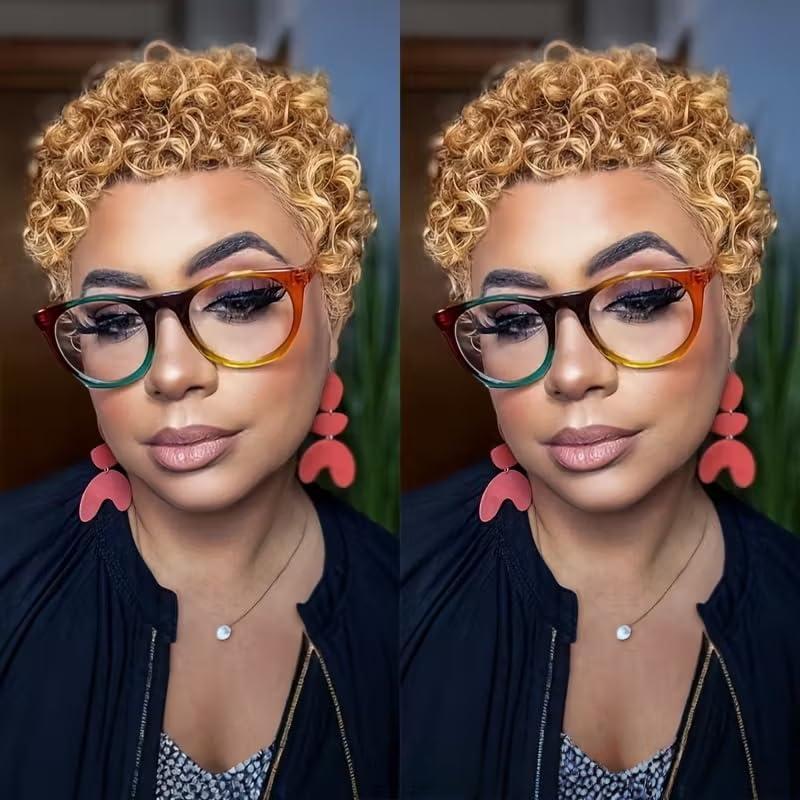 Pixie Cut Human Hair Wig for Women 27# Blonde Color Short Layered Pixie Cut Curly Style Human Hair Glueless Full Machine Made Wig Lightweight and Breathable Wear and go Wig (Blonde)
