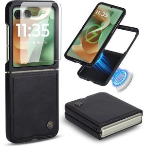 ASAPDOS Leather Folio Magnetic Case for Motorola Razr 2025/2024+ Plus[Compatible with MagSafe],Built-in Screen Protector and PU Leather Thin Slim Protective Case Cover for Man and Women Black