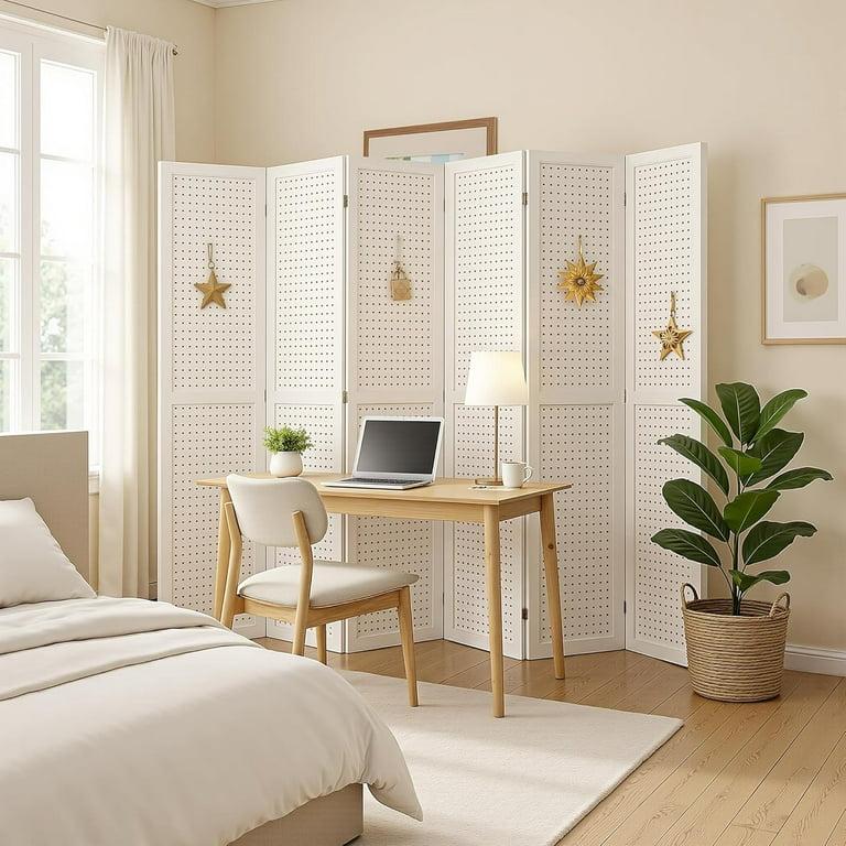 Room Divider 6 Panel 5.6FT Partition Room Dividers Freestanding Peg Board Room Divider Wooden Privacy Screen with Peg Board Display for Apartment and Office, White