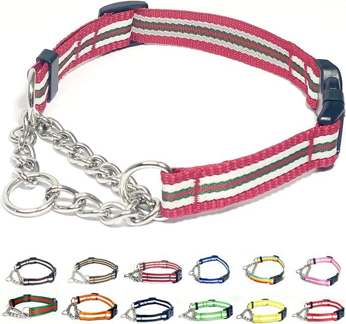 Martingale Collar for Dogs,Adjustable Nylon Collars with Quick Release Buckle,Multicolor Stripe,Stainless Steel Chain NO Pull Training Collars for Large Dogs(Red-White-Green,L)