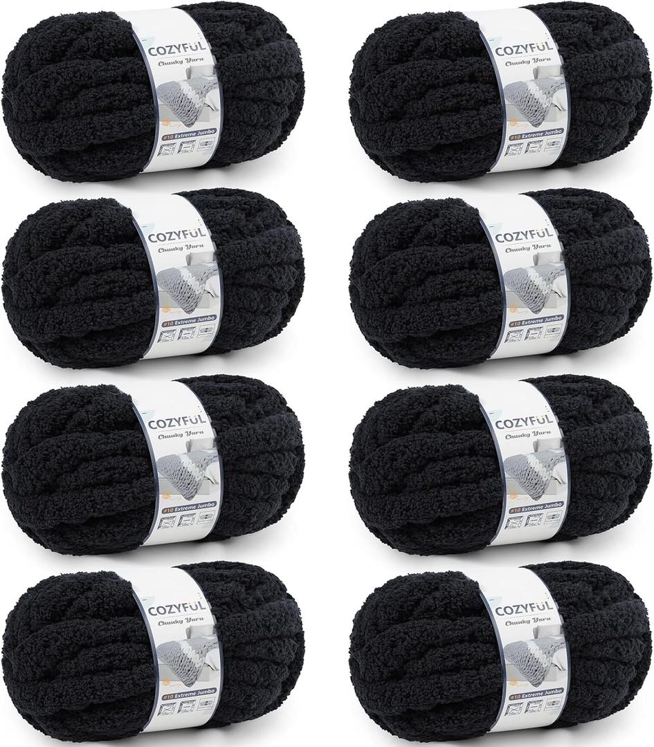 Cozyful Chunky Yarn for Hand Knitting - #10 Chunky Chenille Yarn, Jumbo Big Thick Chunky Yarns for Crocheting, Super Bulky Chunky Knit Blanket Yarns, 8 Skein (25 yds 8 oz Each Skein), Black